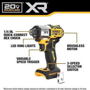 DEWALT 20V MAX XR Impact Driver, Brushless, 1/4″, 3-Speed, Bare Tool Only (DCF845B)